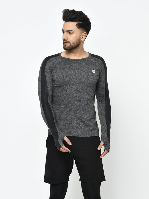 Active Wear Charcoal Grindle With Sleeve Detailing Thumbhole Full Sleeve T-Shirt