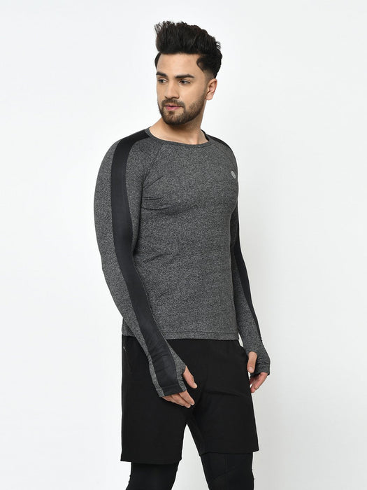 Active Wear Charcoal Grindle With Sleeve Detailing Thumbhole Full Sleeve T-Shirt