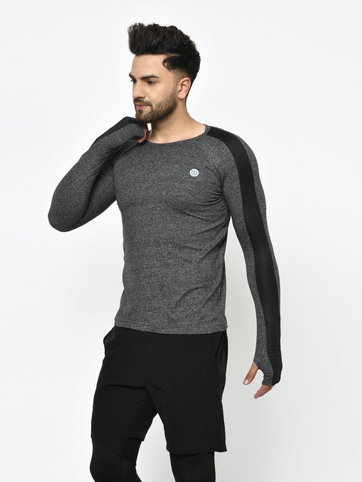 Active Wear Charcoal Grindle With Sleeve Detailing Thumbhole Full Sleeve T-Shirt