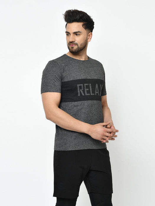 Active Wear Charcoal Grindle Placement Print Half Sleeve T-Shirt