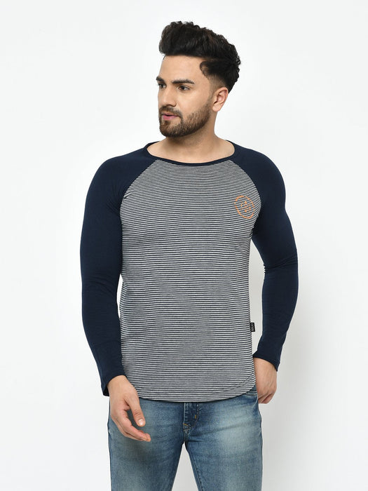 Grey Navy Stripe With Curved Bottom Raglan Full Sleeve Cotton T-Shirt