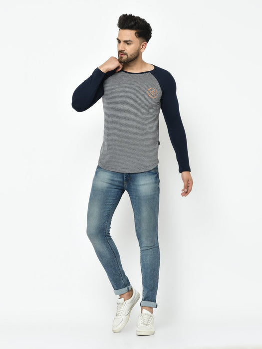 Grey Navy Stripe With Curved Bottom Raglan Full Sleeve Cotton T-Shirt