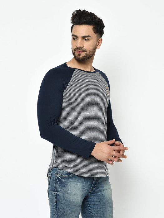 Grey Navy Stripe With Curved Bottom Raglan Full Sleeve Cotton T-Shirt