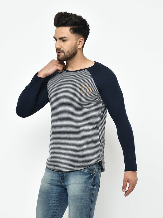 Grey Navy Stripe With Curved Bottom Raglan Full Sleeve Cotton T-Shirt