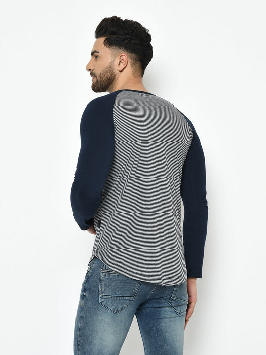 Grey Navy Stripe With Curved Bottom Raglan Full Sleeve Cotton T-Shirt