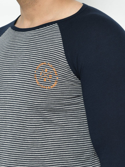 Grey Navy Stripe With Curved Bottom Raglan Full Sleeve Cotton T-Shirt