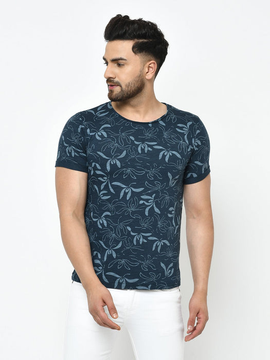 Blue Floral Printed Half Sleeve Cotton T-Shirt