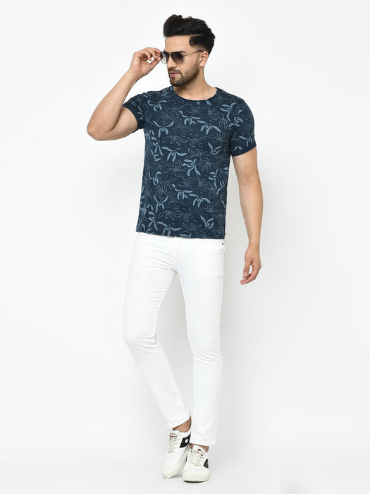 Blue Floral Printed Half Sleeve Cotton T-Shirt