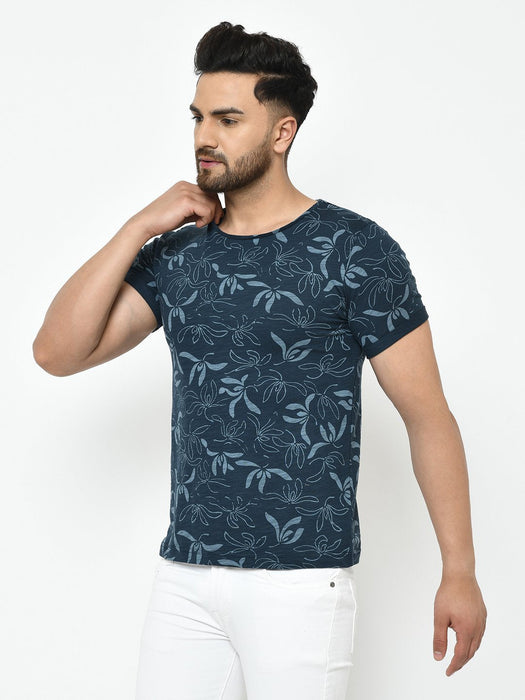 Blue Floral Printed Half Sleeve Cotton T-Shirt