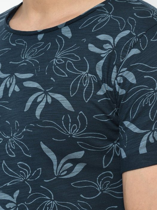 Blue Floral Printed Half Sleeve Cotton T-Shirt