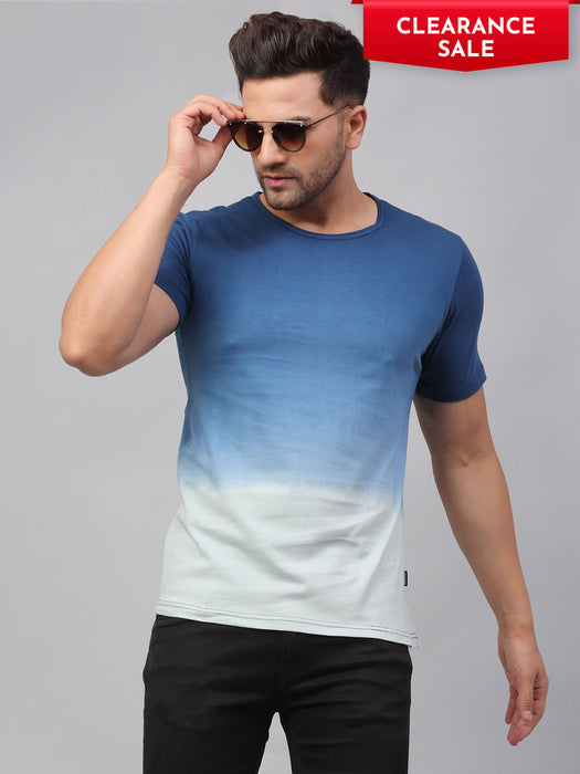 Blue Ombre Dye Round Neck Cotton Half Sleeve T-Shirt