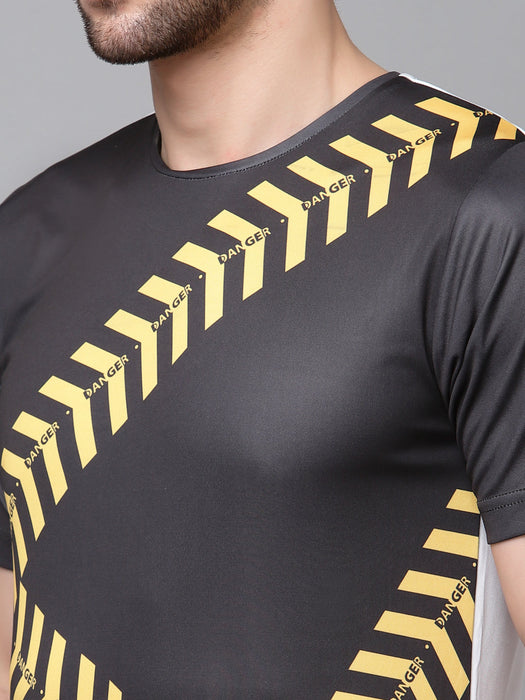 Printed Black Round Neck Half Sleeve Active Wear T-Shirt