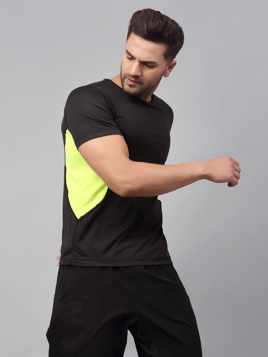 Black Neon Green Cut & Sew Active Wear Half Sleeve T-Shirt