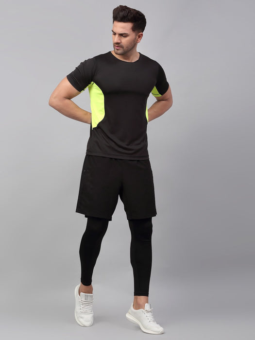 Black Neon Green Cut & Sew Active Wear Half Sleeve T-Shirt