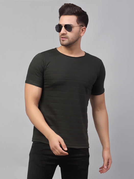 Olive Green Self Textured Round Neck Half Sleeve T-Shirt