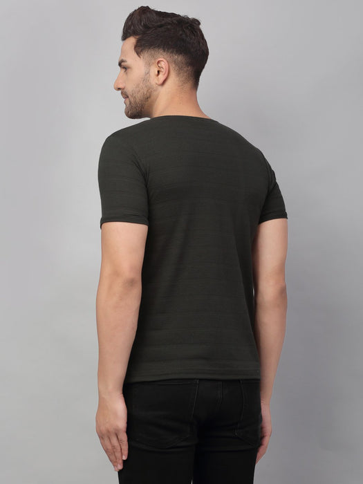 Olive Green Self Textured Round Neck Half Sleeve T-Shirt