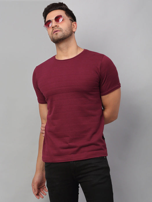 Olive Green Self Textured Round Neck Half Sleeve T-Shirt