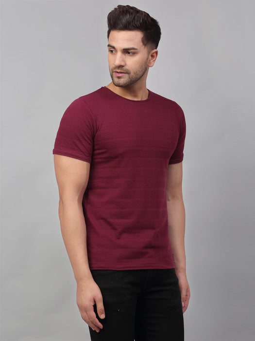 Olive Green Self Textured Round Neck Half Sleeve T-Shirt