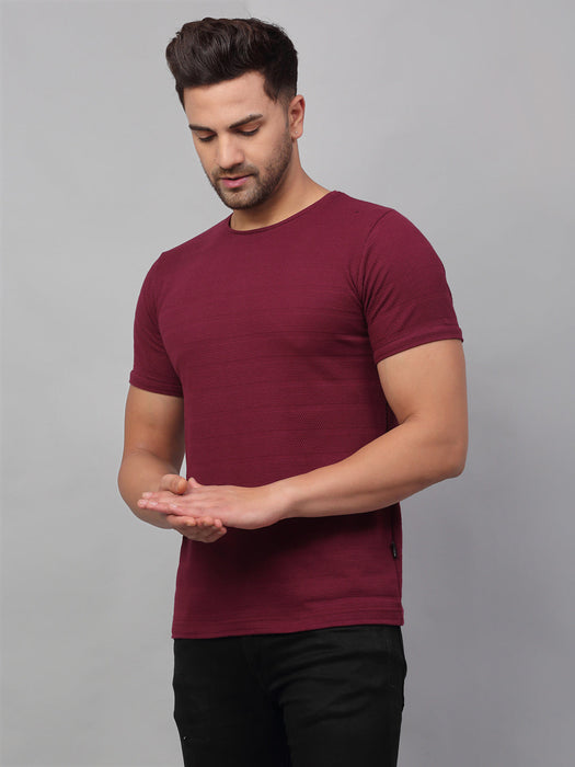 Olive Green Self Textured Round Neck Half Sleeve T-Shirt