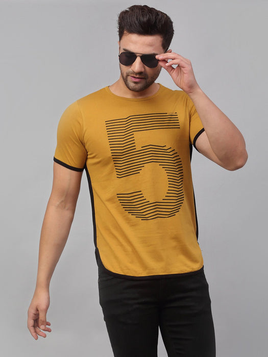 Mustard Contrast Detail Printed Cotton Half Sleeve T-Shirt