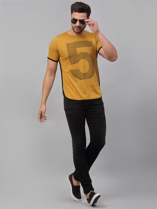 Mustard Contrast Detail Printed Cotton Half Sleeve T-Shirt