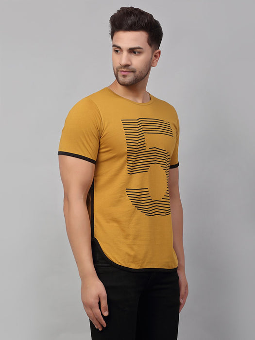 Mustard Contrast Detail Printed Cotton Half Sleeve T-Shirt