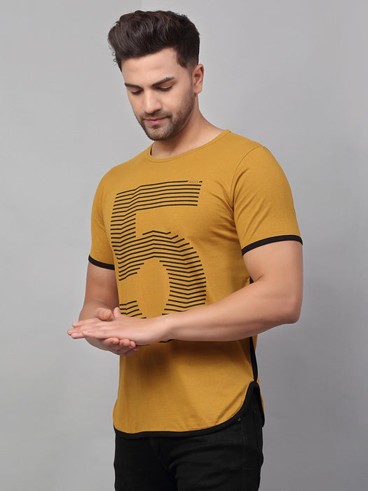 Mustard Contrast Detail Printed Cotton Half Sleeve T-Shirt