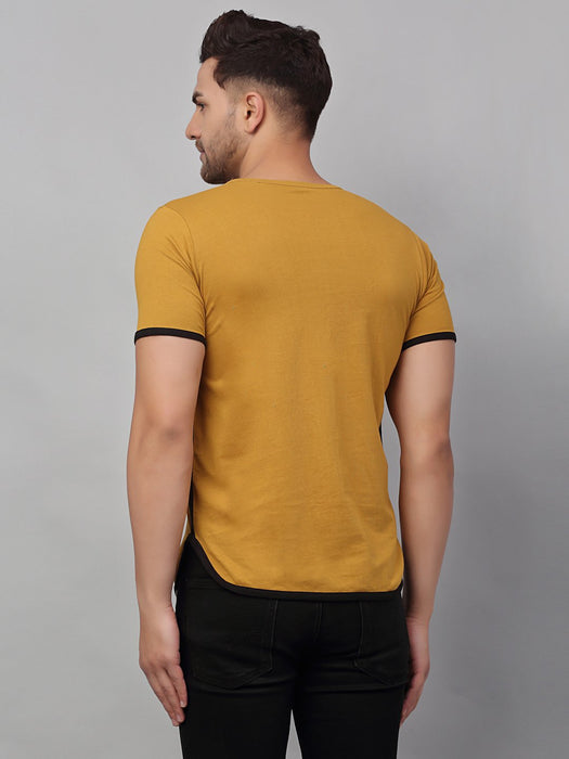 Mustard Contrast Detail Printed Cotton Half Sleeve T-Shirt