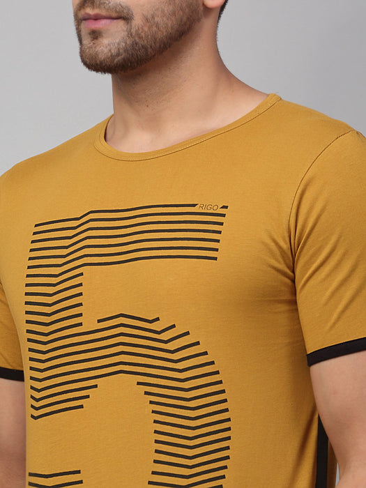 Mustard Contrast Detail Printed Cotton Half Sleeve T-Shirt