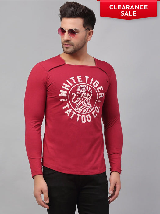 Maroon Printed Square Neck Cotton Full Sleeve T-Shirt