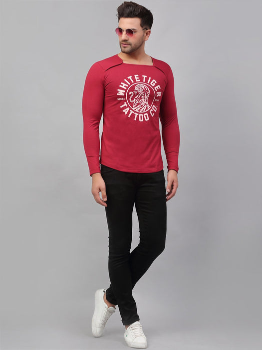 Maroon Printed Square Neck Cotton Full Sleeve T-Shirt