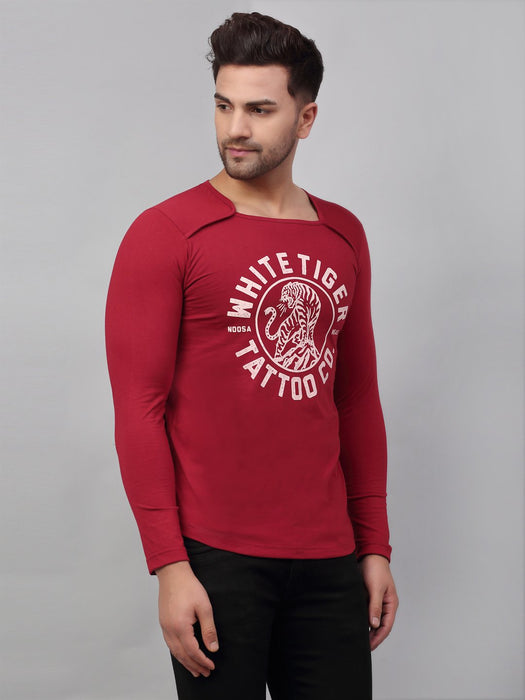 Maroon Printed Square Neck Cotton Full Sleeve T-Shirt