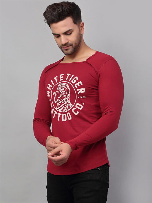 Maroon Printed Square Neck Cotton Full Sleeve T-Shirt