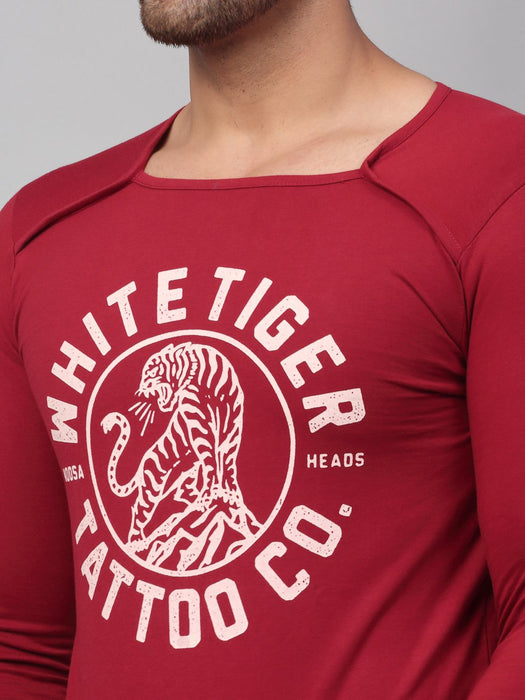 Maroon Printed Square Neck Cotton Full Sleeve T-Shirt