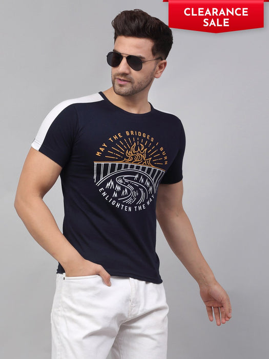 Navy Printed Round Neck Cotton Half Sleeve T-Shirt