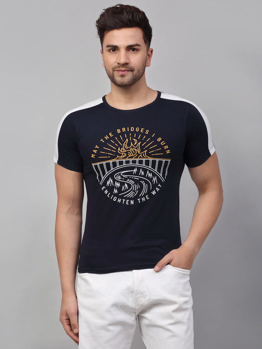 Navy Printed Round Neck Cotton Half Sleeve T-Shirt