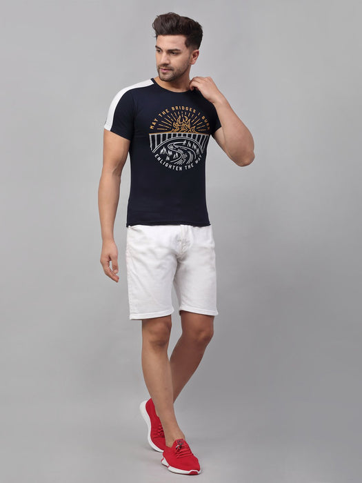 Navy Printed Round Neck Cotton Half Sleeve T-Shirt