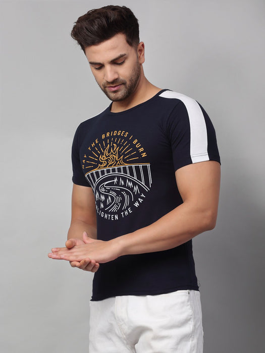 Navy Printed Round Neck Cotton Half Sleeve T-Shirt