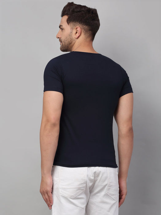 Navy Printed Round Neck Cotton Half Sleeve T-Shirt