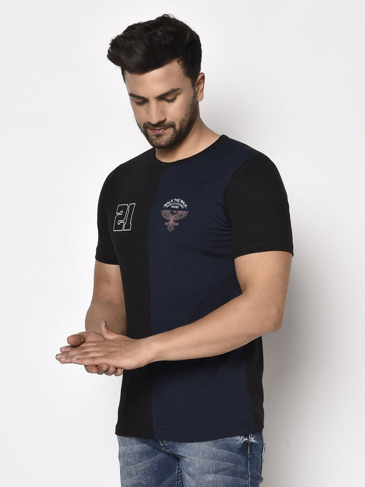 Blue Black Half & Half Printed Half Sleeve T-Shirt