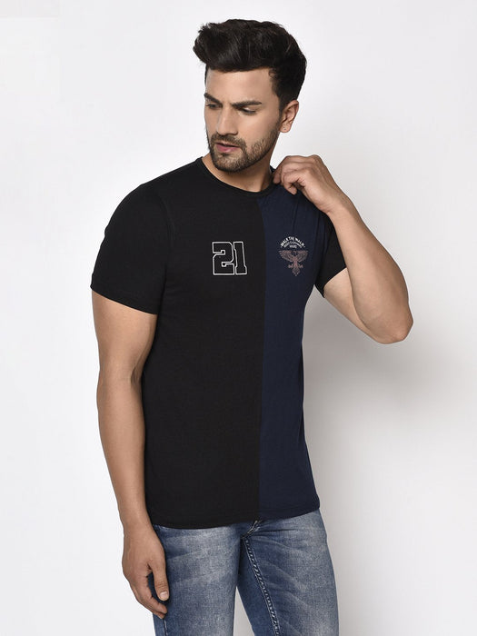 Blue Black Half & Half Printed Half Sleeve T-Shirt