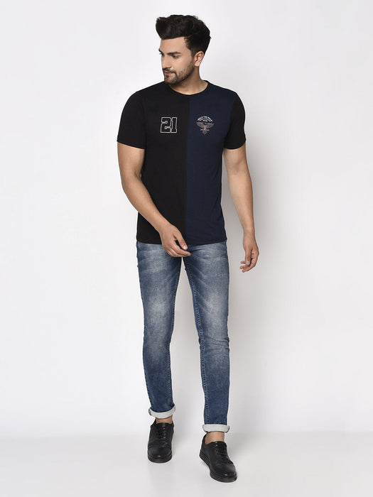 Blue Black Half & Half Printed Half Sleeve T-Shirt