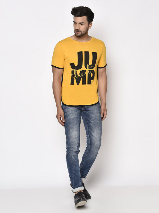 Yellow Contrast Detail Printed Cotton Half Sleeve T-Shirt