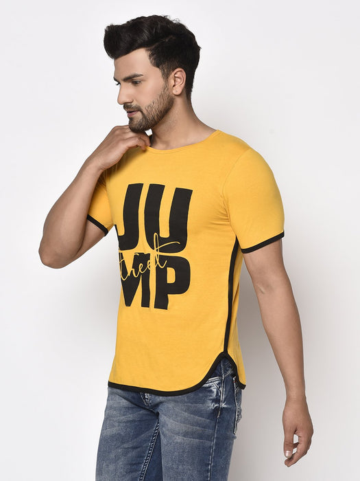 Yellow Contrast Detail Printed Cotton Half Sleeve T-Shirt