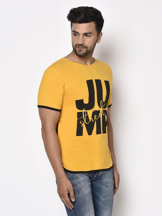 Yellow Contrast Detail Printed Cotton Half Sleeve T-Shirt