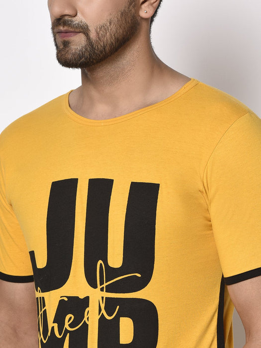 Yellow Contrast Detail Printed Cotton Half Sleeve T-Shirt