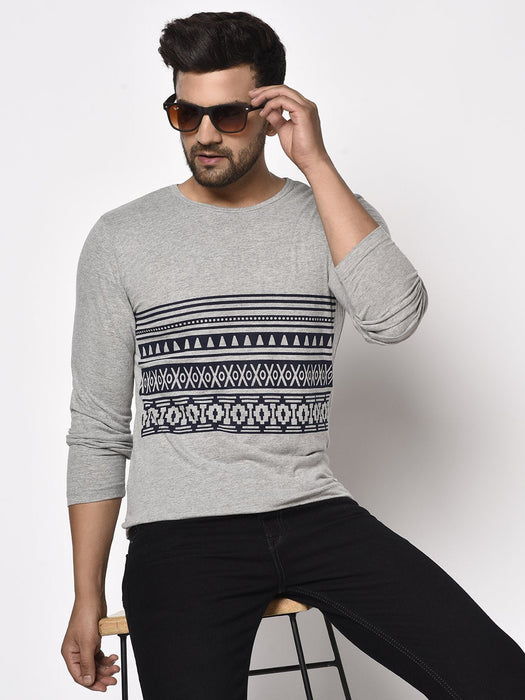 Grey Round Neck Printed Cotton Full Sleeve T-Shirt