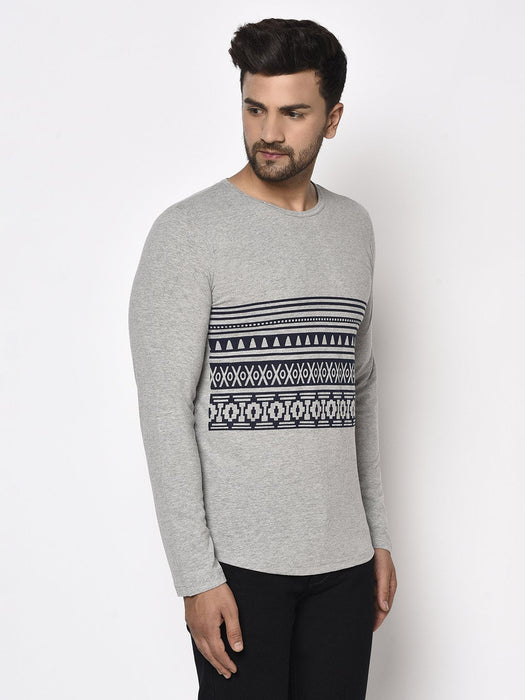 Grey Round Neck Printed Cotton Full Sleeve T-Shirt