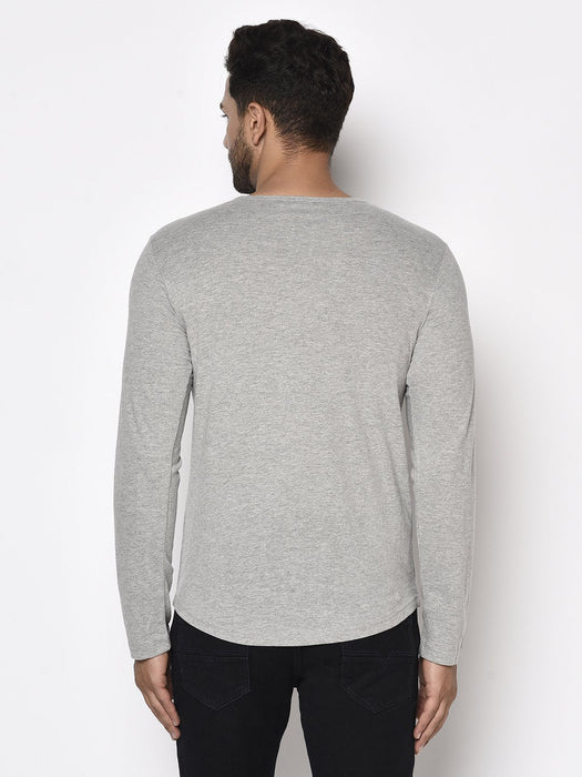 Grey Round Neck Printed Cotton Full Sleeve T-Shirt