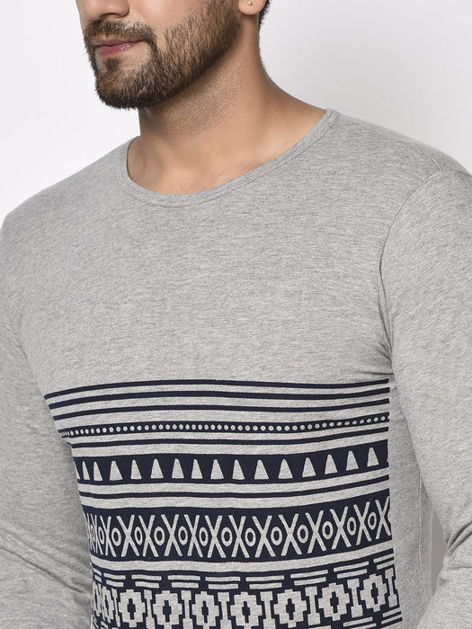 Grey Round Neck Printed Cotton Full Sleeve T-Shirt